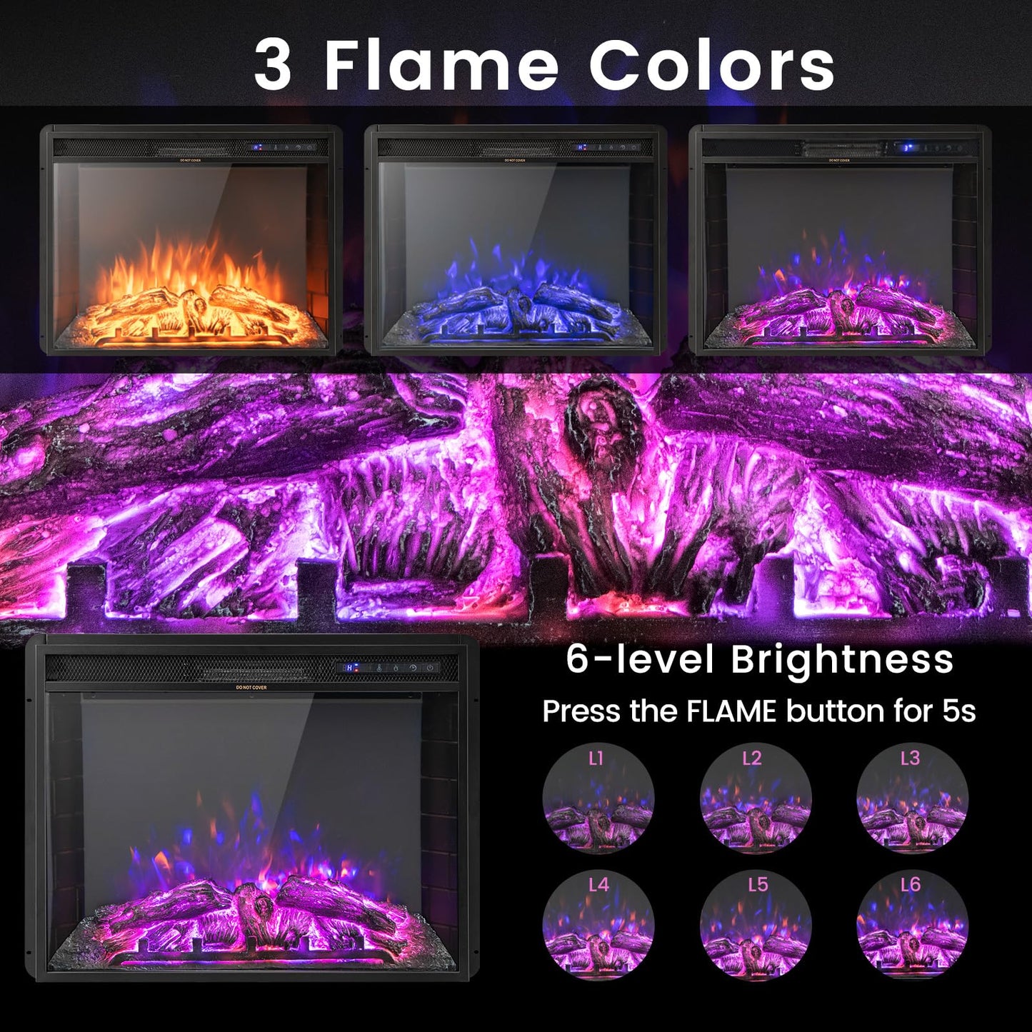 COSTWAY Electric Fireplace Insert 26-inch Wide, 5,000 BTU Recessed and Freestanding Fireplace Heater with Remote Control, 3 Flame Colors, 6 Brightness, 6H Timer, Fireplace for Indoor Use, 750/1500W