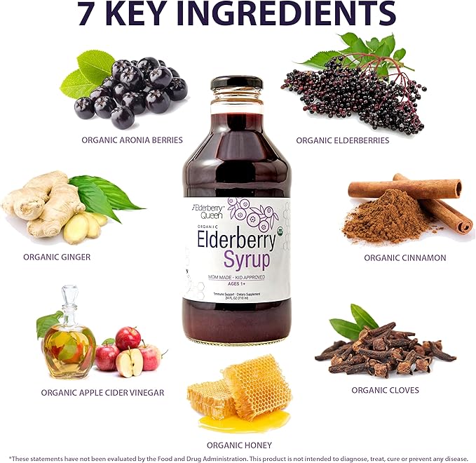Elderberry Queen Organic Elderberry Syrup 24 Fl Oz - Immune Support Formula with Sambucus Black Elderberry & Aronia Berry - Pure Natural Certified Organic Elderberry Syrup for Kids and Adults