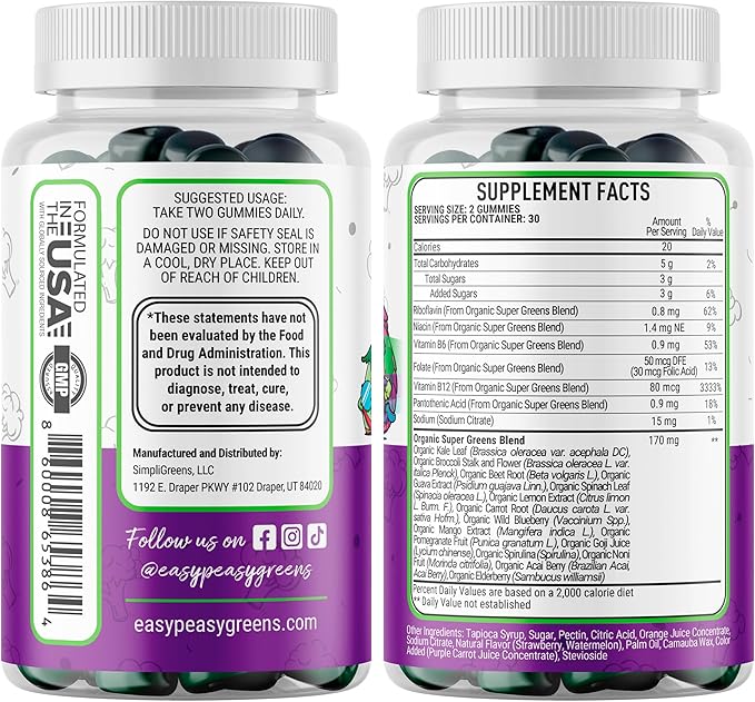 EasyPeasyGreens Daily Veggie Gummies for Kids - 60 Greens Gummies - Helps Picky Eaters Get Their Veggies in - Made with 10 Real Vegetable Extracts and 100% Vegan