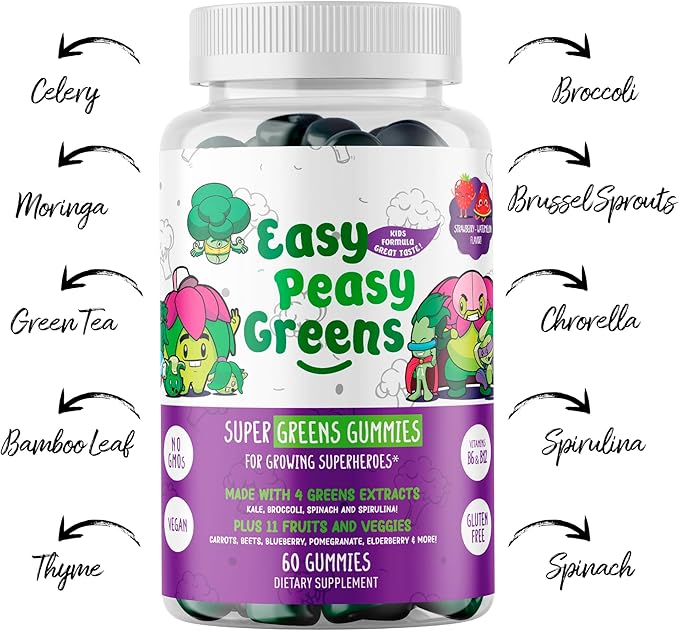 EasyPeasyGreens Daily Veggie Gummies for Kids - 60 Greens Gummies - Helps Picky Eaters Get Their Veggies in - Made with 10 Real Vegetable Extracts and 100% Vegan