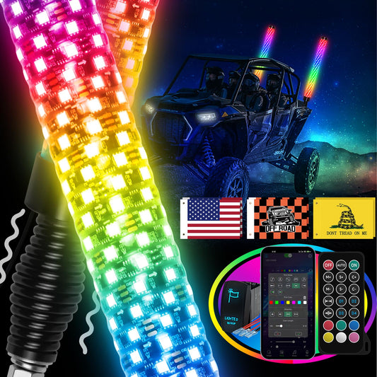 Elesovu 2PCS 3FT Fat LED Lights with Spring Base, RGB Chasing Lighted Antenna Whips with App & Remote Control, Music Lights for UTV ATV Can-Am Truck