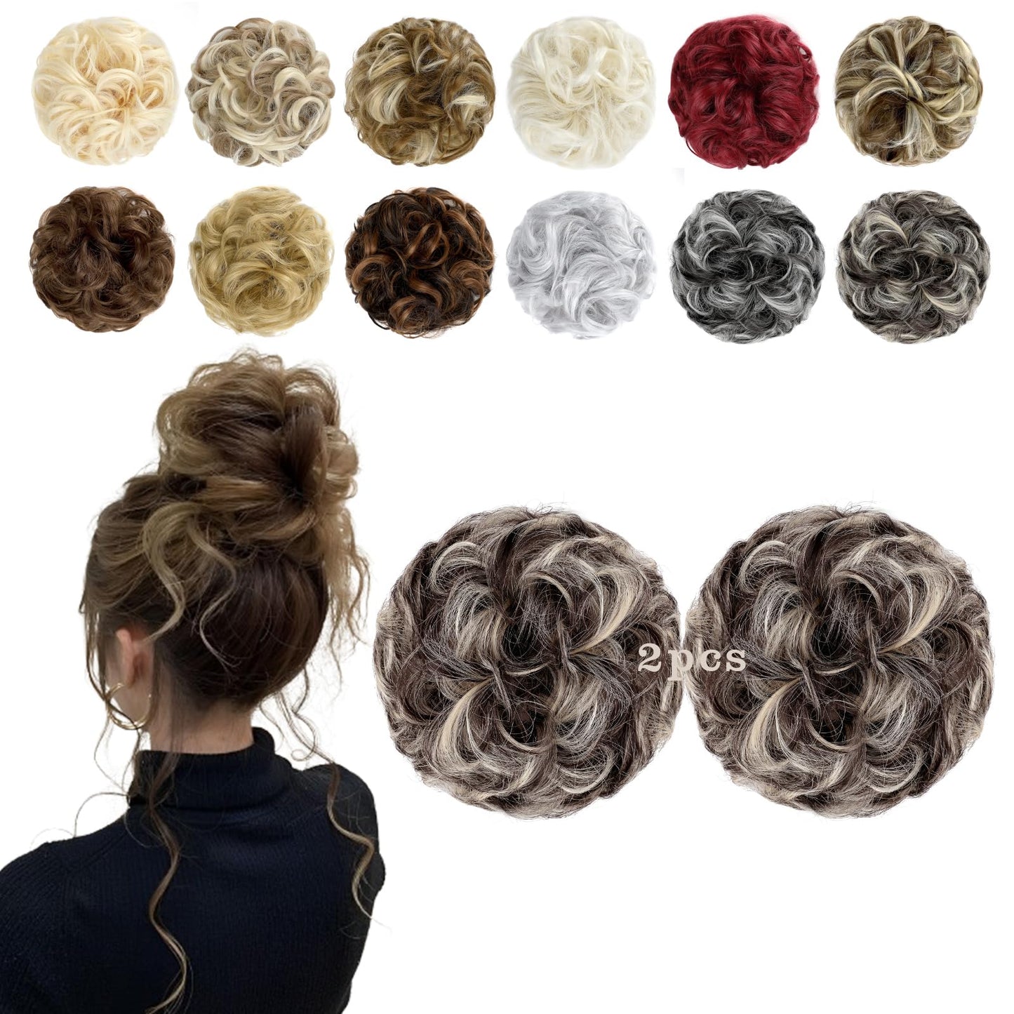 FeidyLong 2 PCS Messy Bun Hair Piece Wavy Curly Scrunchies Synthetic Chignon Ponytail Hair Extensions Thick Updo Hairpieces for Women Girls(Black Brown Mix Bleach Blonde)