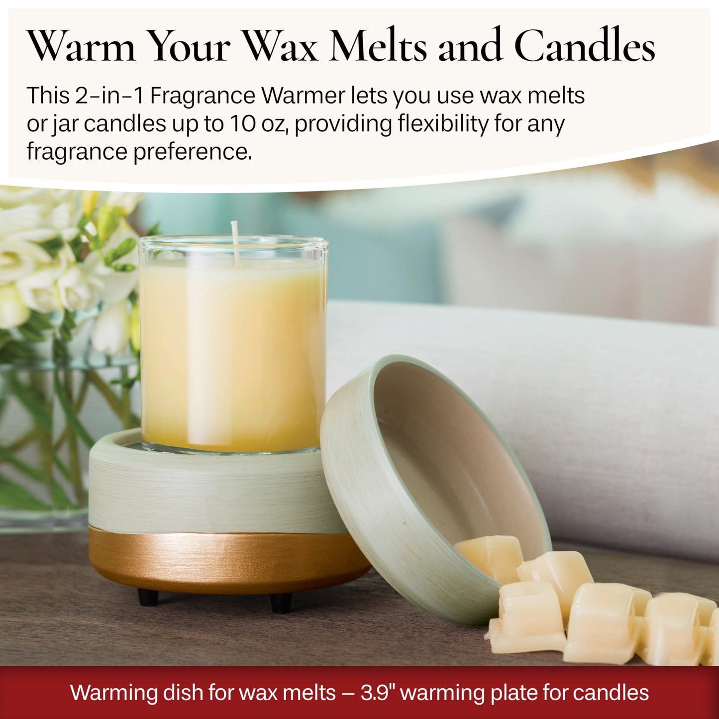 CANDLE WARMERS ETC 2-in-1 Candle and Fragrance Warmer for Warming Scented Candles or Wax Melts and Tarts with to Freshen Room, Midas