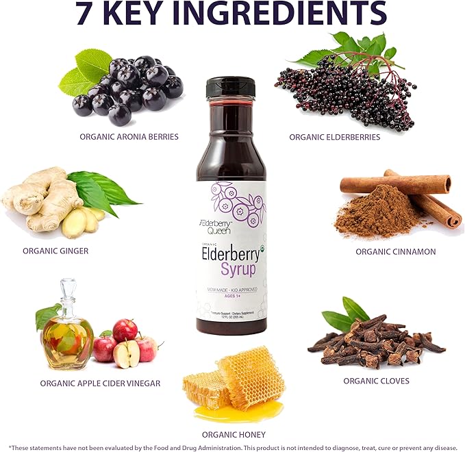 Elderberry Queen Organic Elderberry Syrup 12 Fl Oz - Immune Support Formula with Sambucus Black Elderberry & Aronia Berry - Pure Natural Certified Organic Elderberry Syrup for Kids and Adults