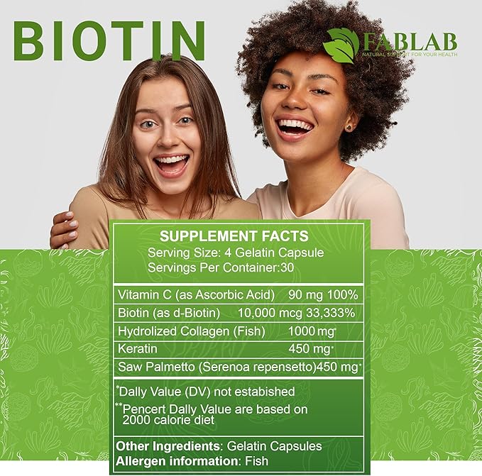 FabLab Biotin 10000 mcg Vitamins with Collagen, Keratin & Saw Palmetto for Women and Men - Biotin Hair Skin Nails Supplement for Hair, Skin, and Nails Wellness - Made in USA, 120 Capsules