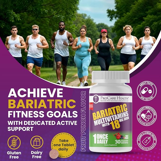 ProCare Health Bariatric chewable Multivitamin with Iron 18mg (30 Tablets) - Fruit Punch Flavor Bariatric Multivitamin Chewable for Gastric Bypass & Sleeve Gastrectomy Patients* (1 Month Supply)