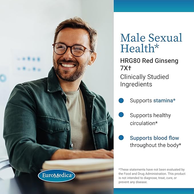 Euromedica Male Sexual Health - Dietary Supplement to Support Healthy Blood Flow & Circulation - Herbal Supplement with Korean Red Ginseng - Supplement for Men to Aid Healthy Energy - 48 Capsules