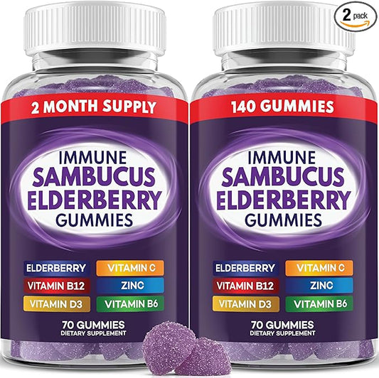 Elderberry Gummies Immune Support, Daily Support for Kids and Adults*, with Sambucus Elderberry, Zinc, Vitamin C, D3, B6, B12, Plus - Dietary Supplement - 140 Count