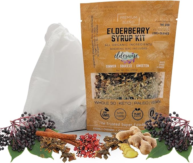 Elderwise Organic Elderberry Syrup Kit - Easy to Use, DIY Elderberry Syrup Making Kit with Elderberries ,Rosehips, Ginger, Echinacea, Cinnamon, and Cloves, Makes 32oz of Syrup, Brewing Bag Included