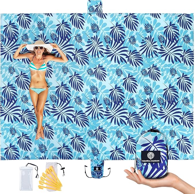 Lightweight Beach Blanket - Oversized 107" x 77" - Waterproof Sandproof - Double Anchored for Fun Leisure Beach Blanket - with Stake and Pouch - Durable Sand Beach Mat