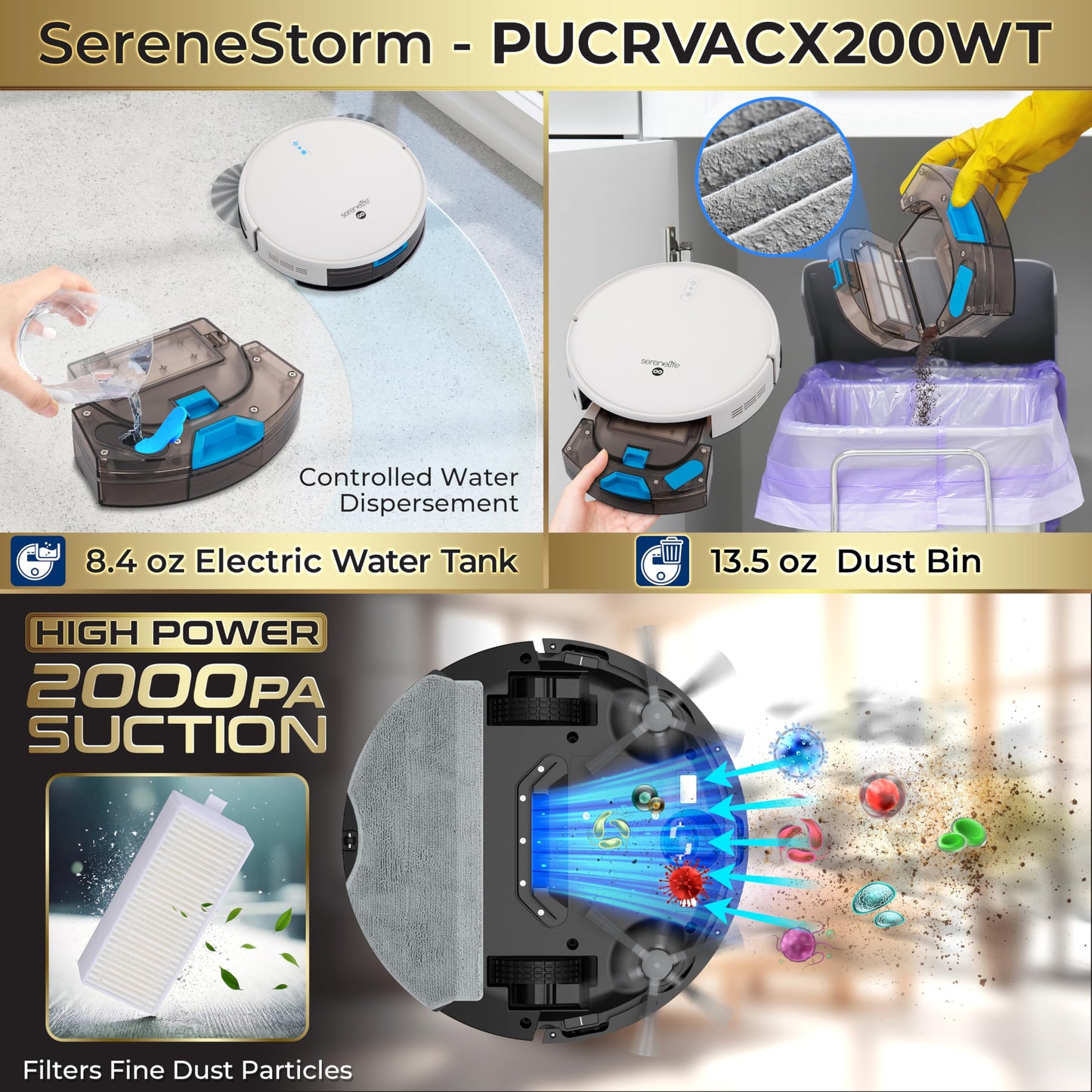 Smart Robot Vacuum and Mop Combo, 2000Pa Suction, App Control, 4 Cleaning Modes, Anti-Fall Sensors, Multi-Surface Cleaning, Self-Charging, Ideal for Pet Hair, Soft and Hard Floors, White