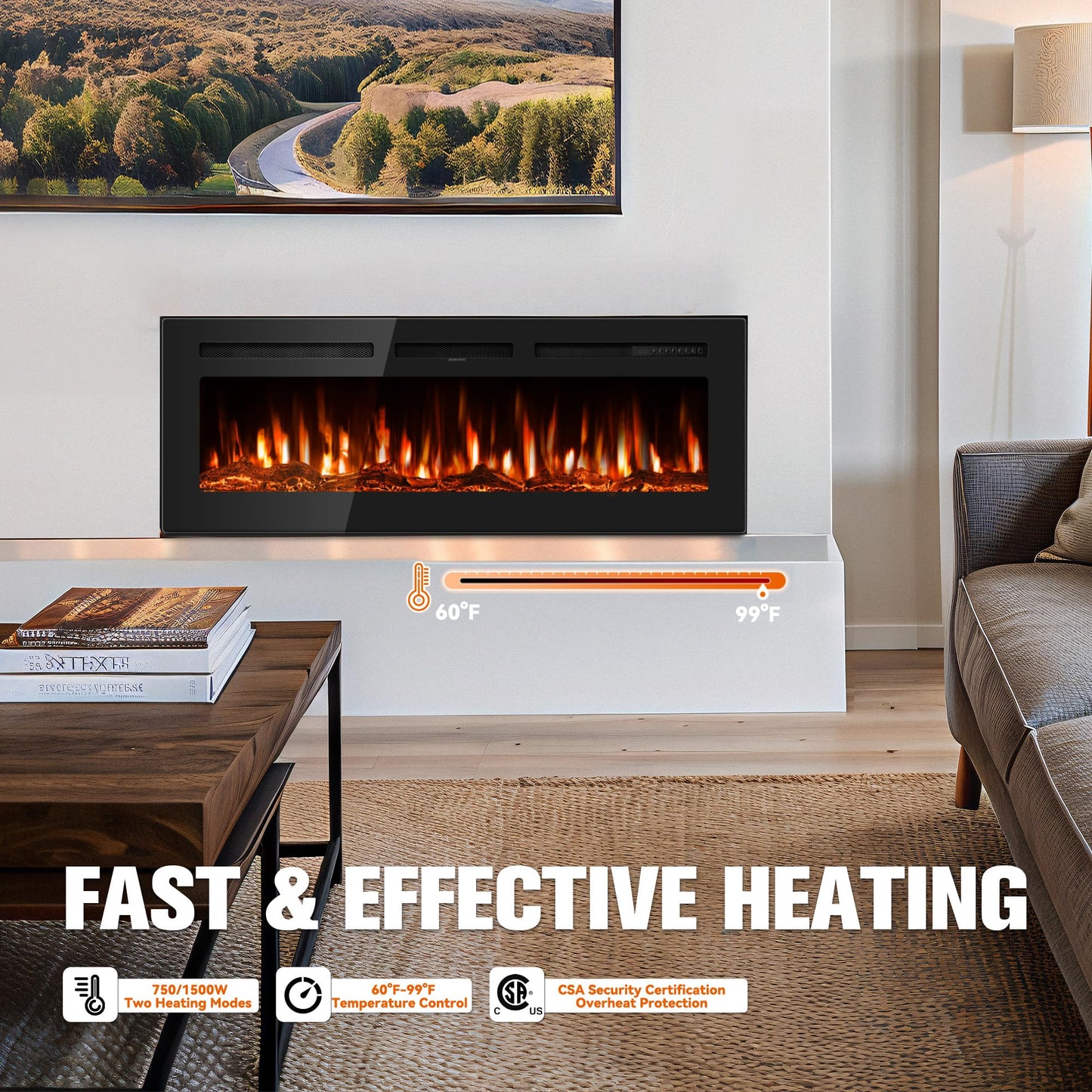 Manastin 50" Ultra-Thin Electric Fireplace Recessed and Wall Mounted with Remote Control, 12 Adjustable Color Fireplace Heater(60-99ยฐF Thermostat), Low Noise, Timer, Child Lock