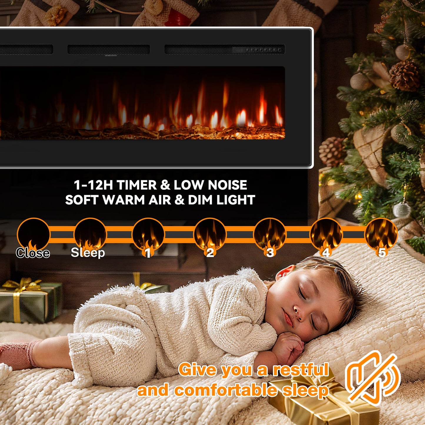 Manastin 50 inch Electric Fireplace in-Wall Recessed and Wall Mounted with Remote Control, 1500/750W Fireplace Heater (60-99ยฐF Thermostat) with 12 Adjustable Color, Timer, Log and Crystal
