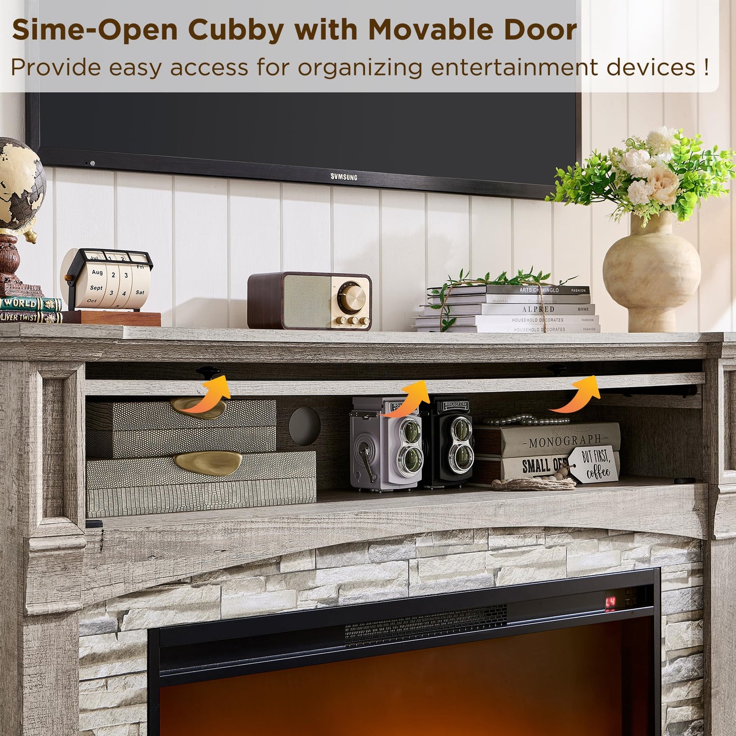 RedLemon 52'' Electric Fireplace with Mantel, Farmhouse Entertainment Center w/36 Electric Fireplace & Sime-Open Cubby for Living Room, Light Rustic Oak