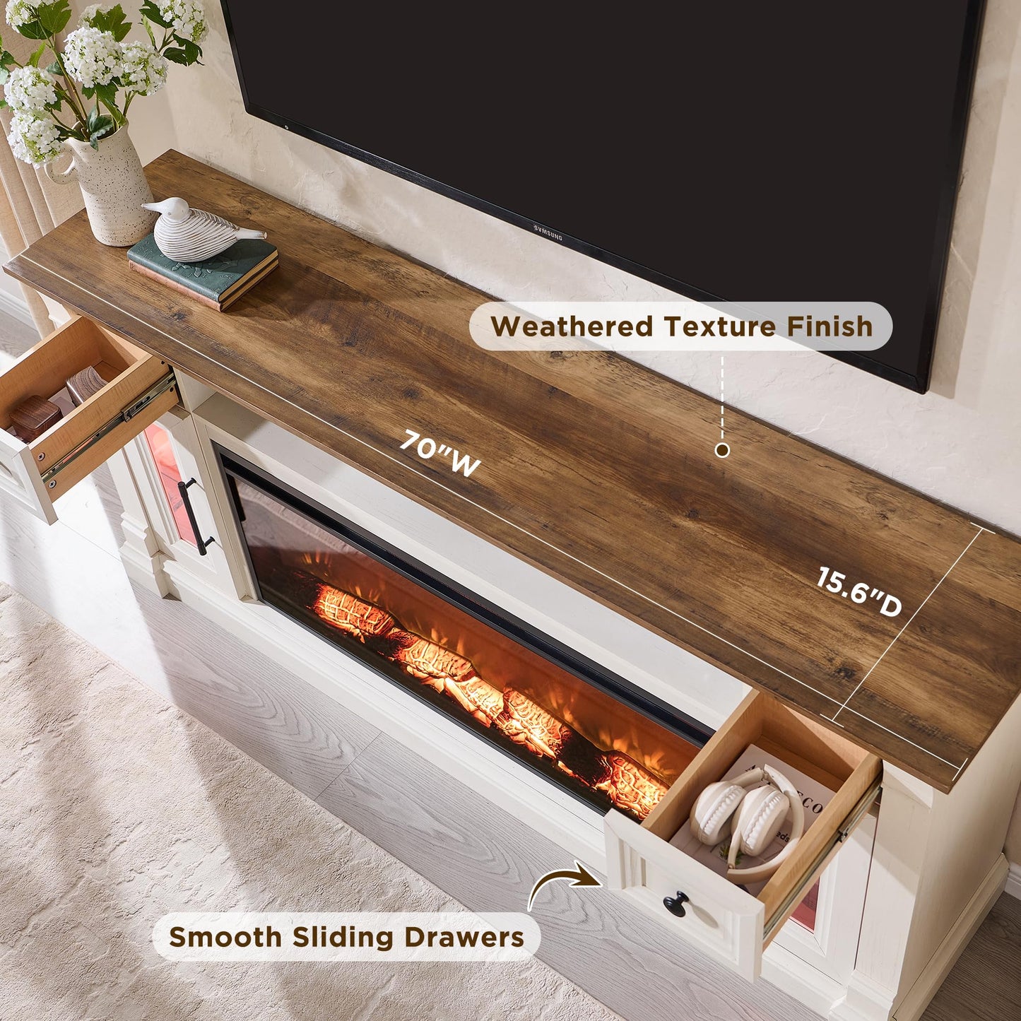 OKD Fireplace TV Stand for 80 Inch TV - Farmhouse Entertainment Center with 42" Electric Fireplace & LED Lights, Wood Media Console with Storage Drawers & Cabinets for Living Room, Antique White