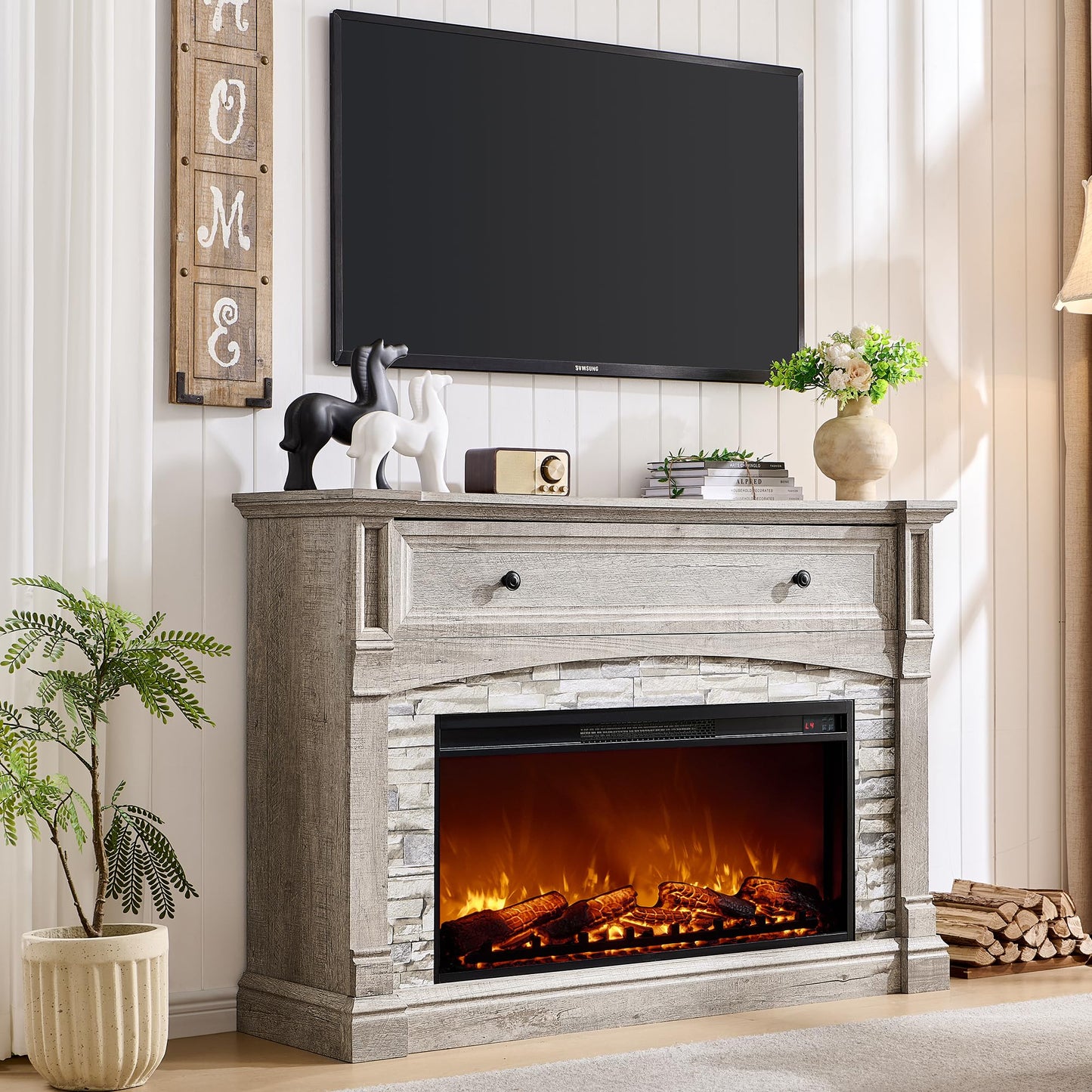 RedLemon 52'' Electric Fireplace with Mantel, Farmhouse Entertainment Center w/36 Electric Fireplace & Sime-Open Cubby for Living Room, Light Rustic Oak
