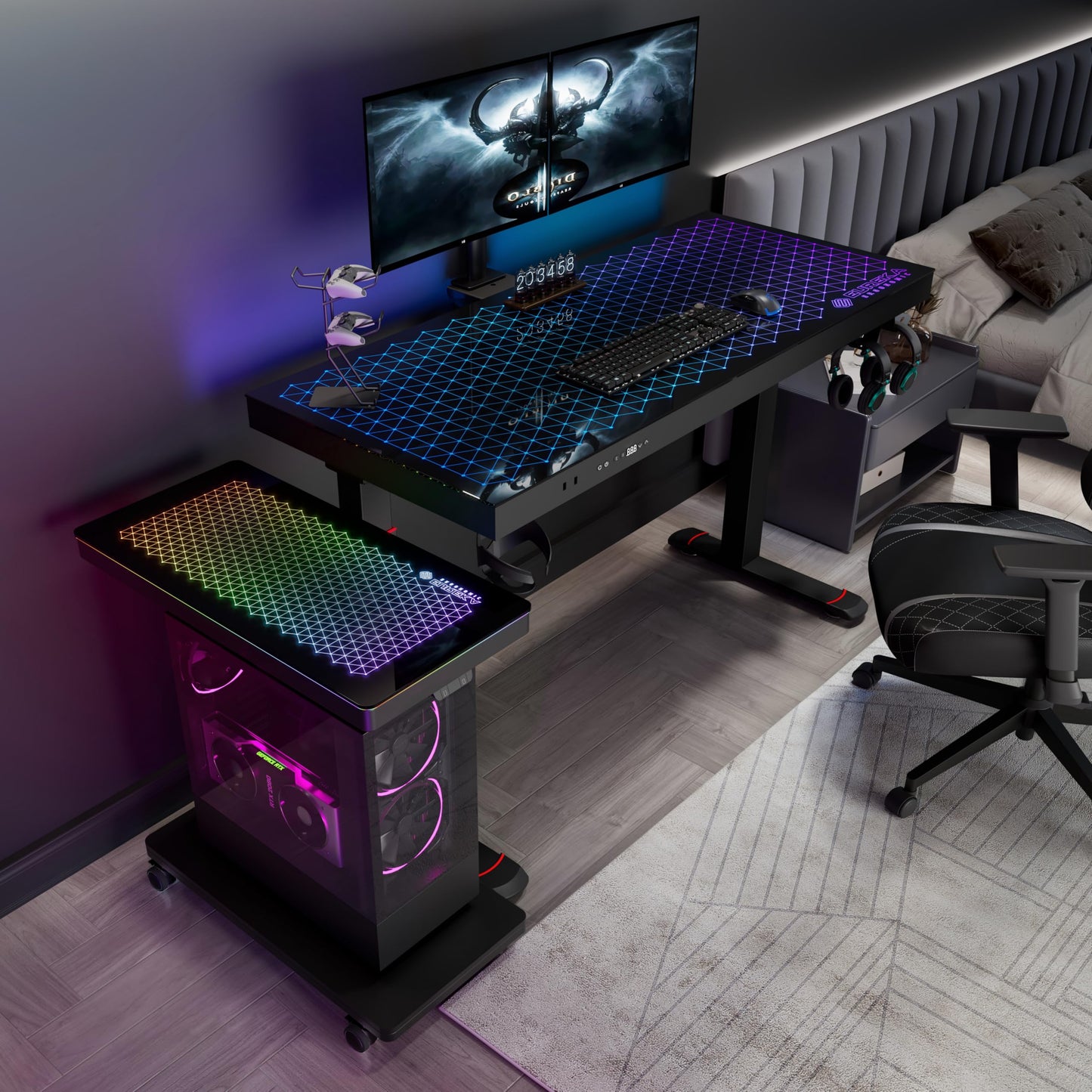 EUREKA ERGONOMIC Height Adjustable Computer Tower Stand, Illuminated Glass Panel PC Stand w/RGB Lights, 2-Tier CPU Holder Cart Under Desk, PC Floor Stand for Office Gaming, APP Control