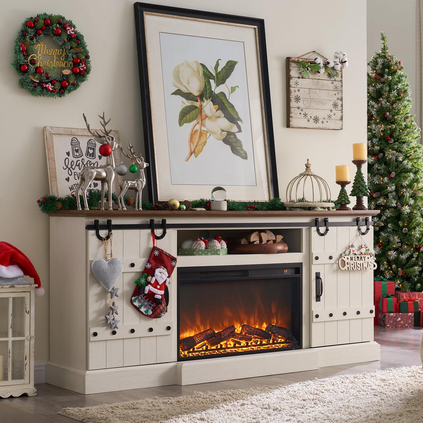 OKD Fireplace TV Stand for 75 80 Inch TV, Farmhouse Entertainment Center with Sliding Barn Doors, Rustic Media Console Table with Storage Cabinets for Living Room, Antique White
