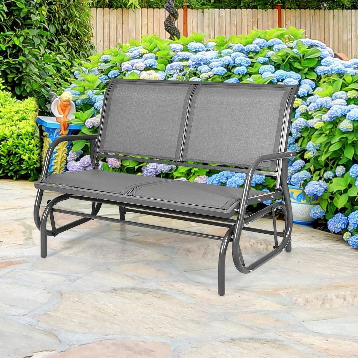 SUPQ Swing Glider Chair 48 Inch with Spacious Space, 2 People Swing Lounge Glider Chair Cozy Patio Bench Outdoor & Indoor for Patio, Backyard, Poolside, Lawn Steel Rocking Garden Loveseat (Gray)