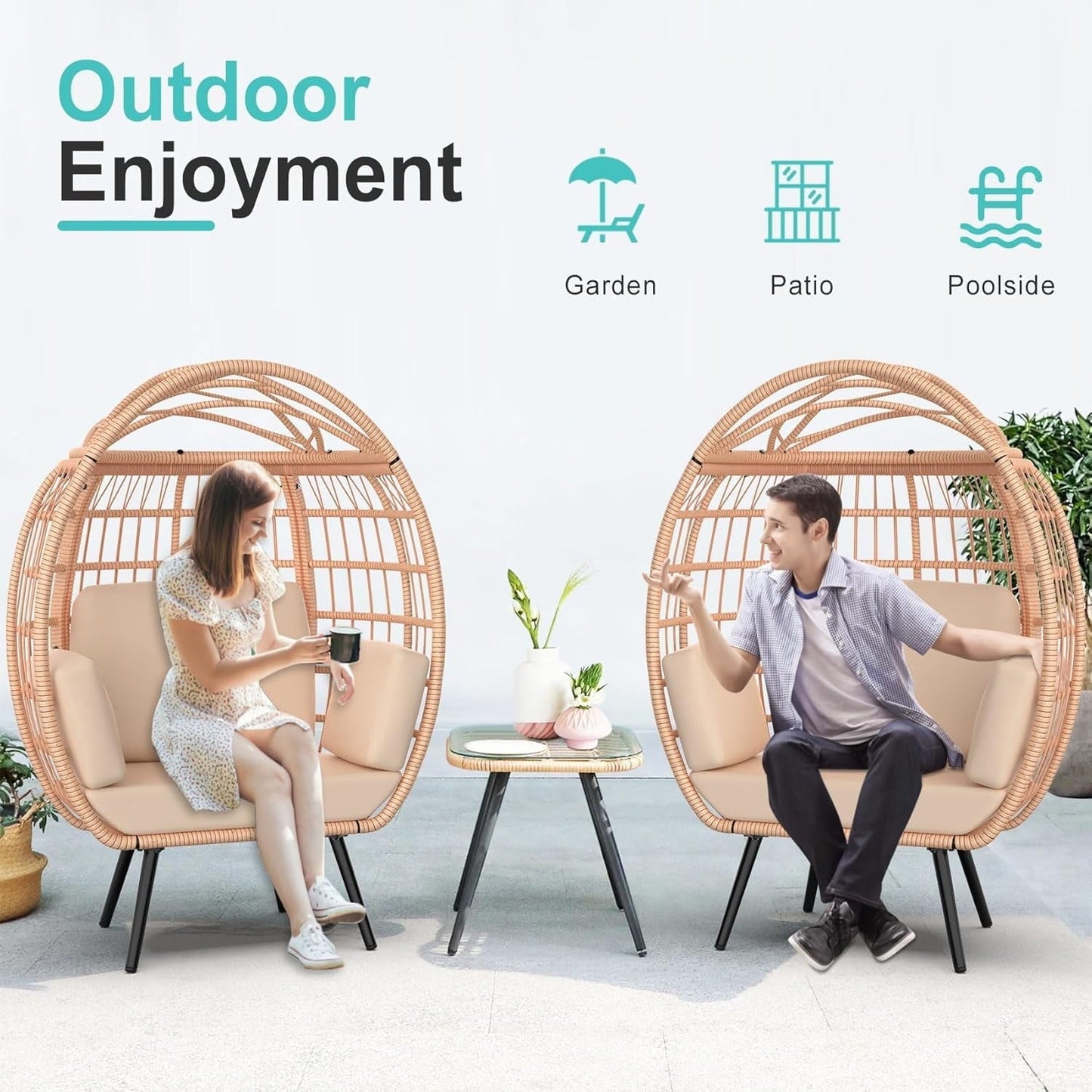 PNKKODW Wicker Standing Egg Chair w/ UV Cushions & Storage Bag, 370lb Capacity, Boho Egg Lounger for Indoor/Outdoor, Brown-Brown