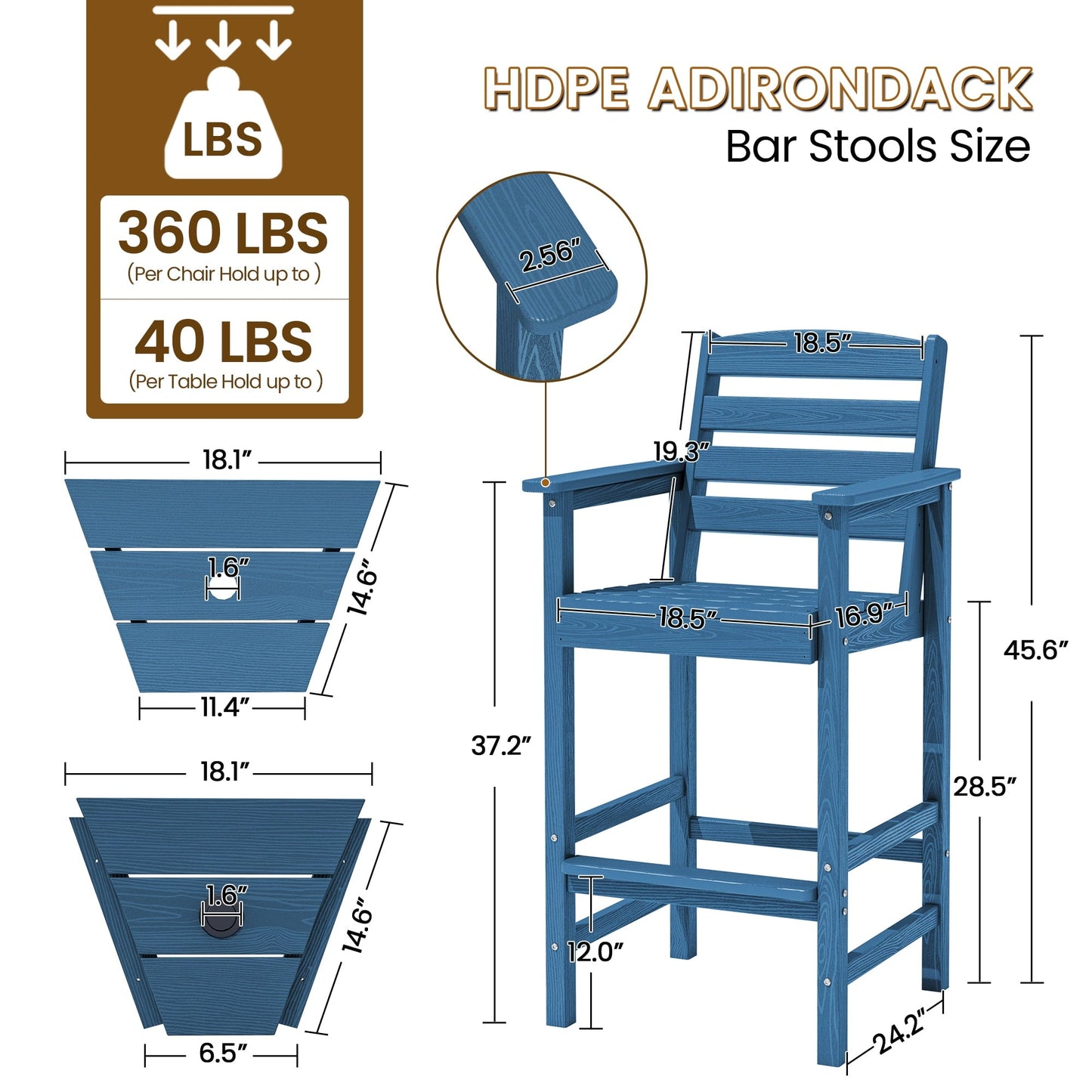 SERWALL Tall Adirondack Chairs Set of 2 with Connecting Table, Adirondack Outdoor Barstools, Navy