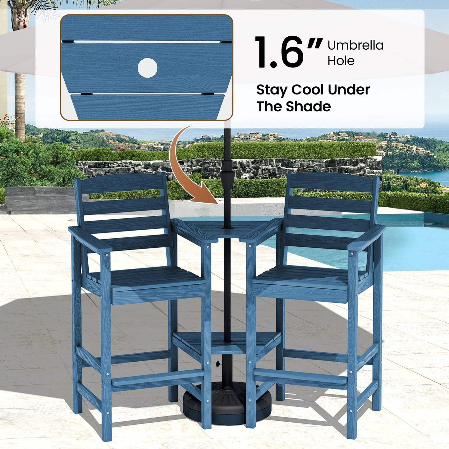 SERWALL Tall Adirondack Chairs Set of 2 with Connecting Table, Adirondack Outdoor Barstools, Navy