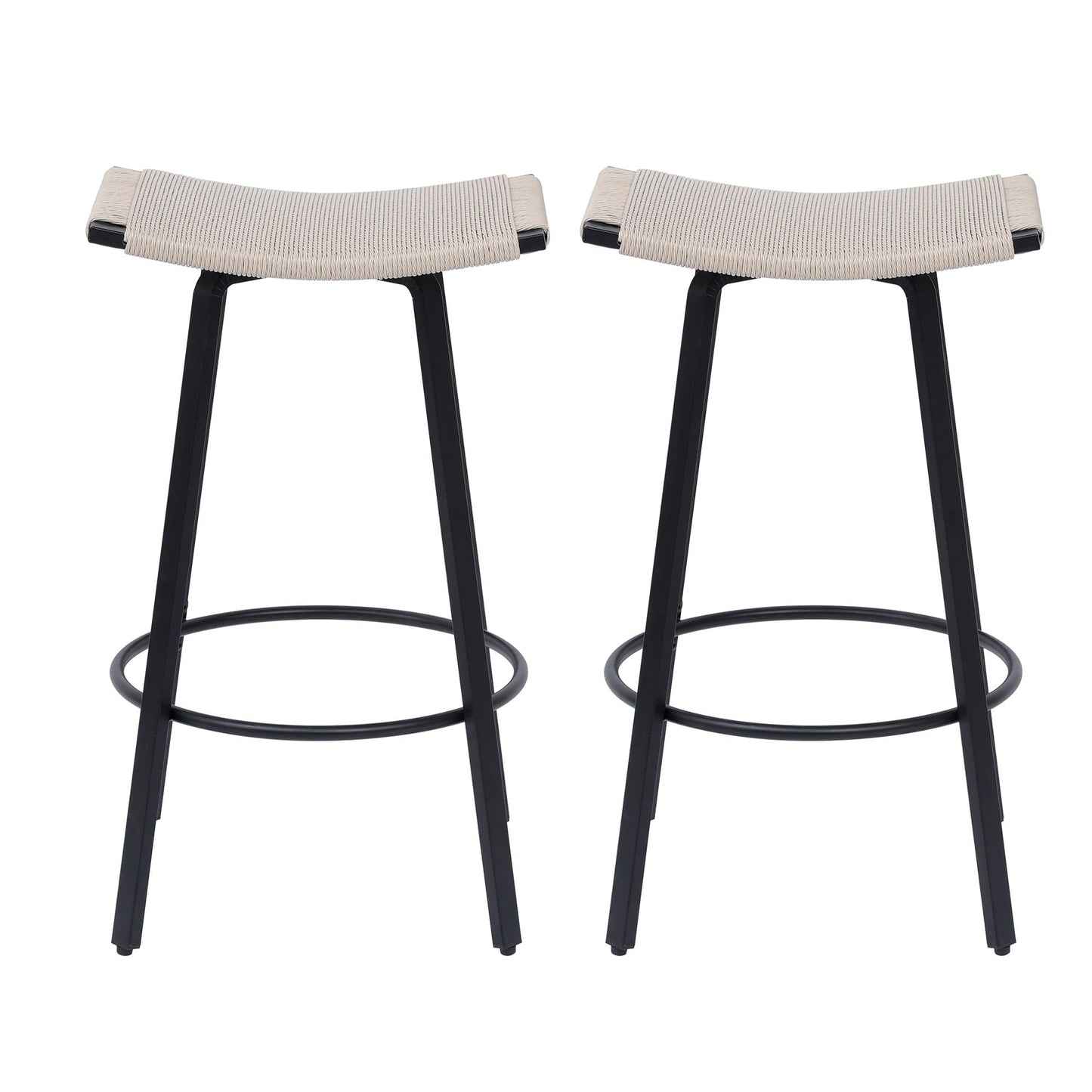 Set of 2 Counter Height Bar Stools Backless Handwoven Kitchen Dining Chairs with Round Footrest PVC Weaving Pub Stool for Indoor & Outdoor (White)