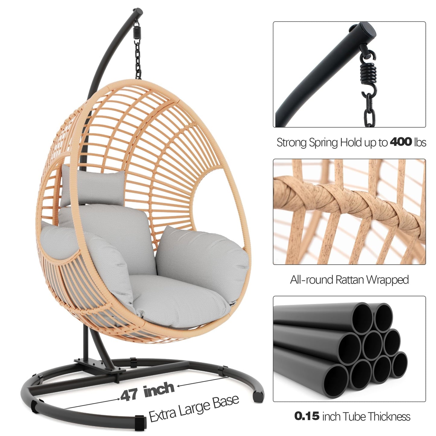 TQKVIPI Oversized Hanging Egg Chair Outdoor Indoor, Wicker Swing Egg Chair with Stand Rain Cover UV Resistant Cushion 400lbs Capacity for Bedroom, Patio, Garden and Balcony (Beige-Regular)