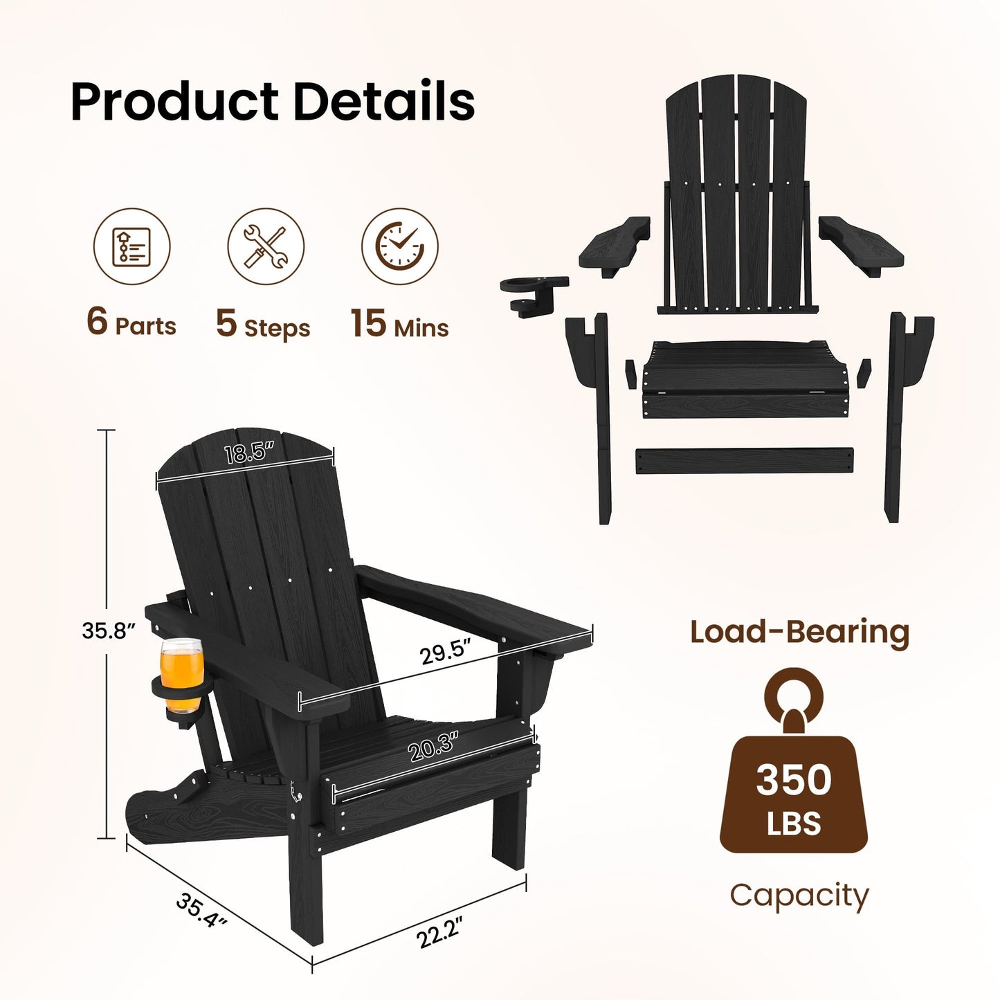 SERWALL 3PC Adjustable Folding Adirondack Chair set and Double Side Table, For Outdoor, Patio, Poolside, Garden, Black