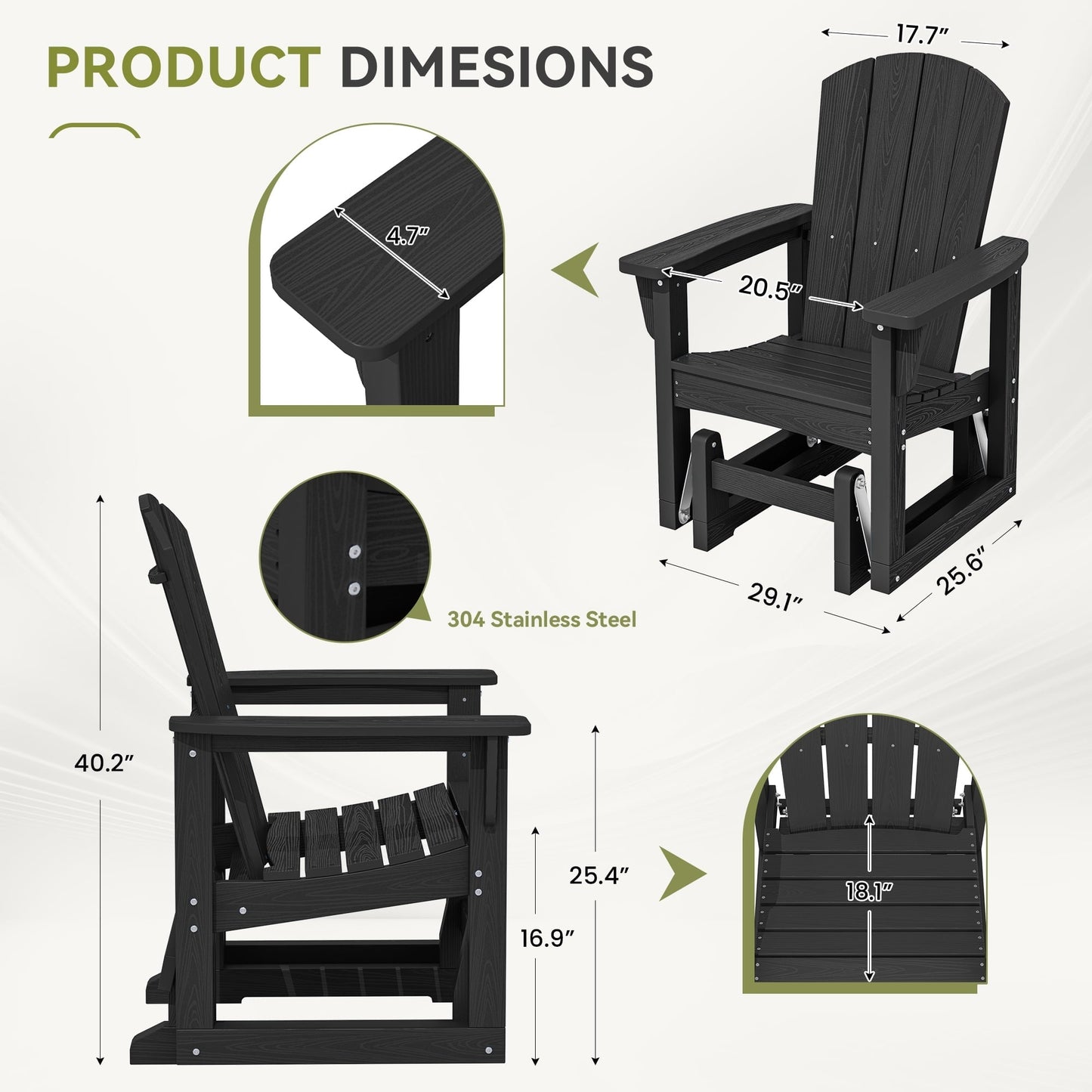 SERWALL Outdoor Glider Chair, HDPE Wood-Like Patio Glider Rocker All-Weather Porch Glider Black