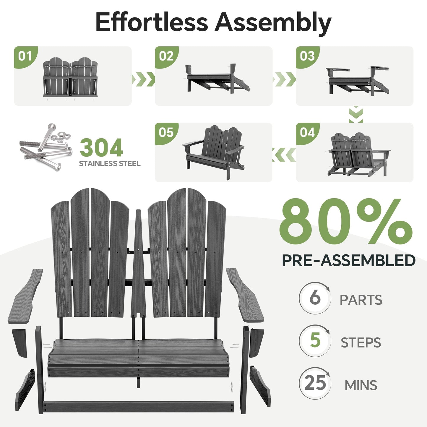SERWALL Adirondack Bench, Outdoor Adirondack Chair for 2,HDPE All-Weather Adirondack Loveseat,Grey