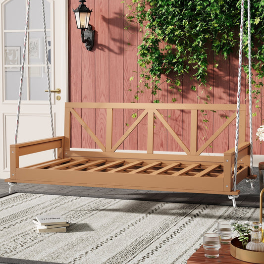 Euroco Acacia Wood Twin Size Porch Swing Bed with 27.8'' High Backrest, 16.4ft Hemp Ropes, Weather-Resistant Outdoor Hanging Daybed for Patio/Garden/Porch – 350 lbs Capacity (Mattress Not Included)