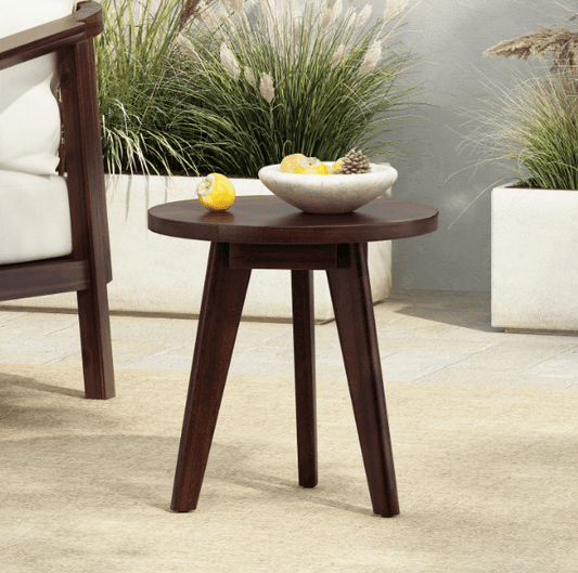 Euroco Modern Round Acacia Wood End Table with 3-Leg Design, Handcrafted Accent Side Table