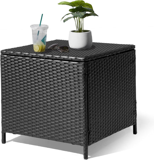 GaoJ Outdoor Side Table, Rattan Coffee Table with Storage 27 Gallon Patio Small Deck Storage Box for Cushion Towel Books, Brown Side Table with lid,Black