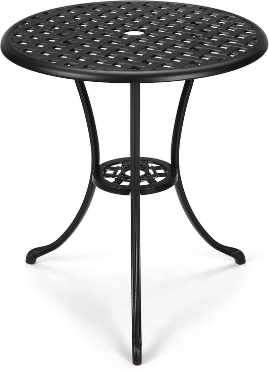 Garvee Round Patio Bistro Table 24 Inch, Cast Aluminum Outdoor Cafe Table with 2Inch Umbrella Hole, Metal Side Table for Porch,Backyard,Garden,Black