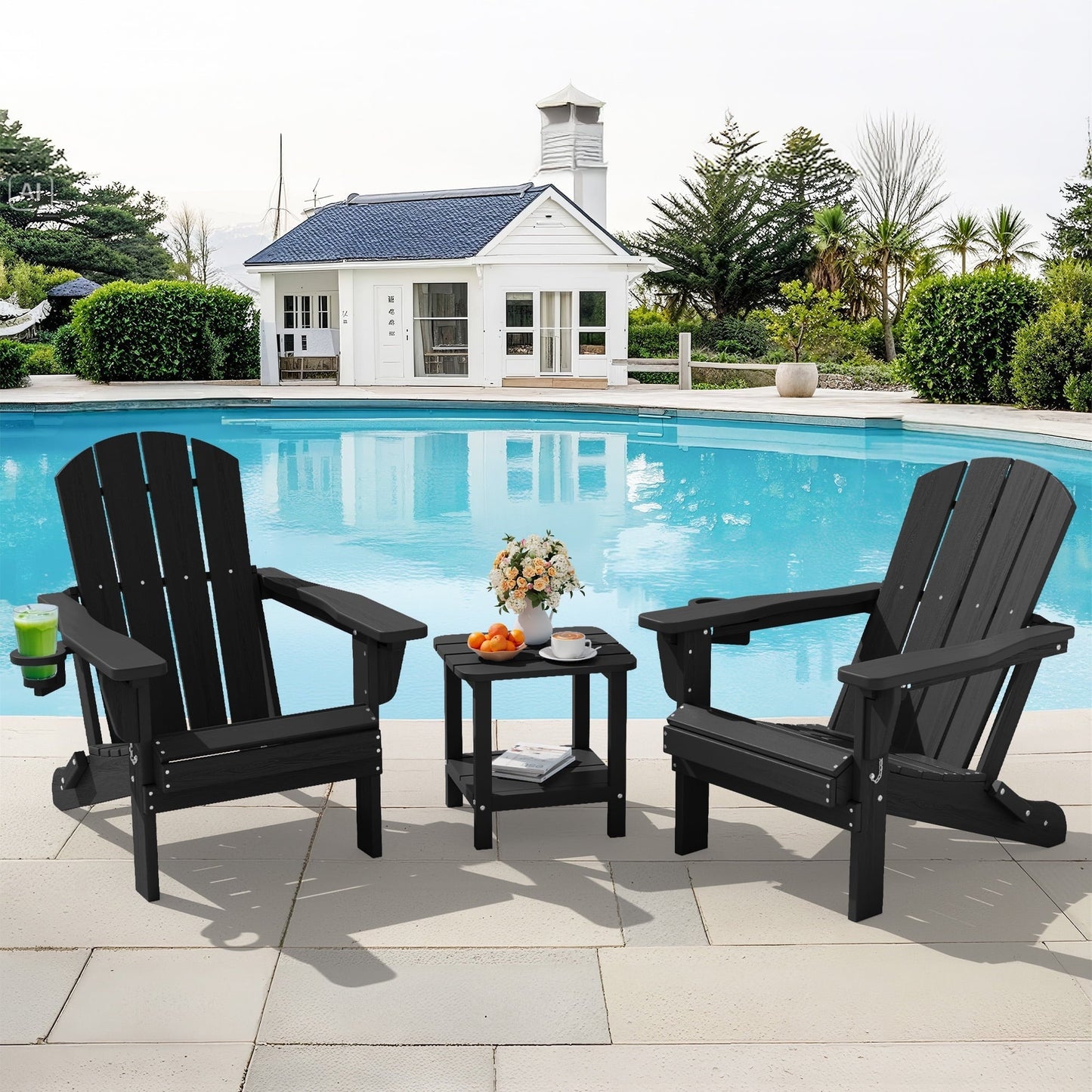 SERWALL 3PC Adjustable Folding Adirondack Chair set and Double Side Table, For Outdoor, Patio, Poolside, Garden, Black
