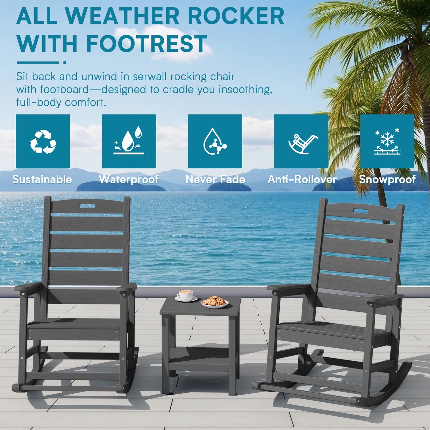 SERWALL Oversized Outdoor Rocking Chair with Footrest for Adults, HDPE All Weather Patio Rocker for Porch, Garden, Lawn, Grey