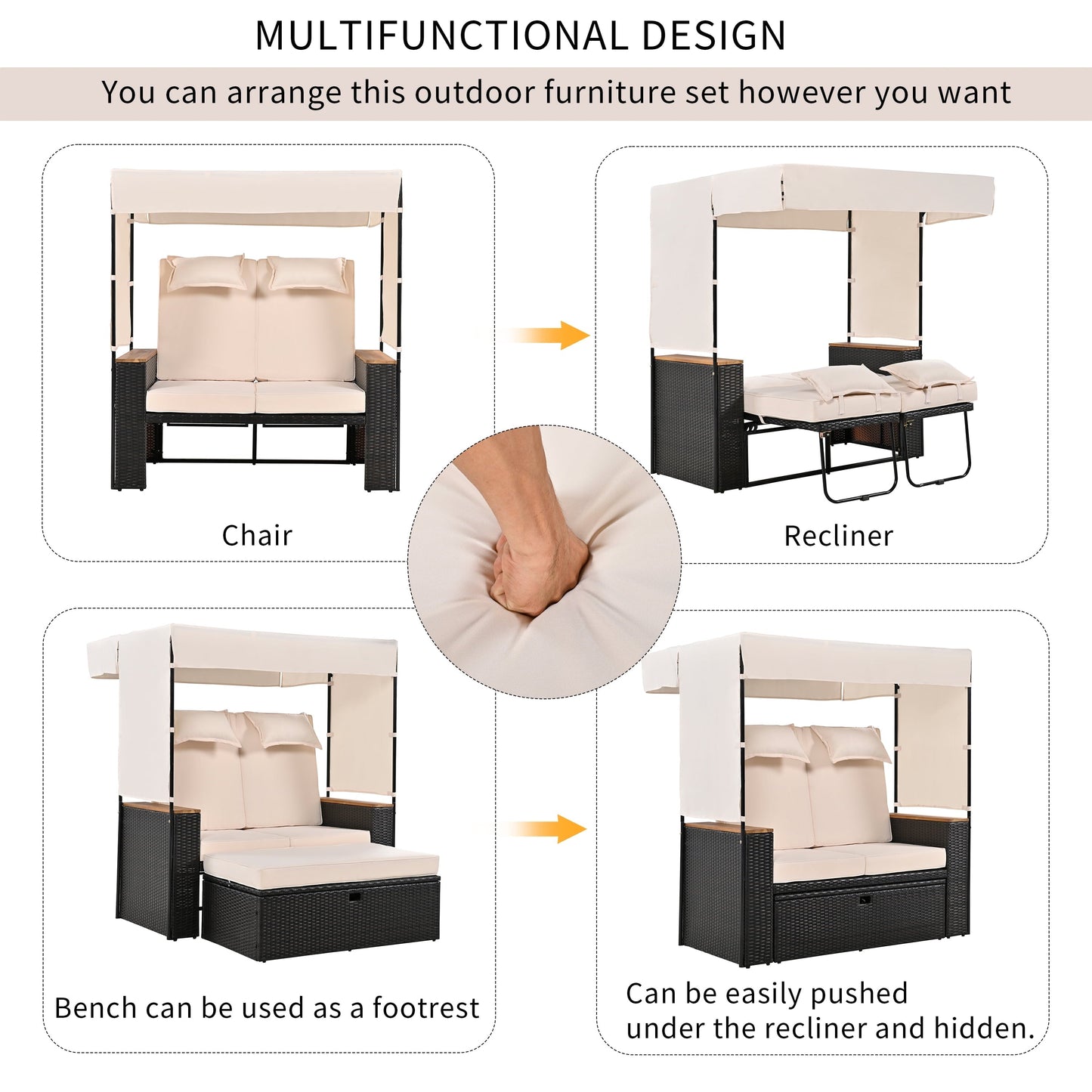 Euroco Outdoor Rattan Daybed with Adjustable Canopy and Backrest, Convertible Lounge Chair with Ottoman Bench & Cushions, PE Wicker Patio Recliner for Garden, Deck, Poolside
