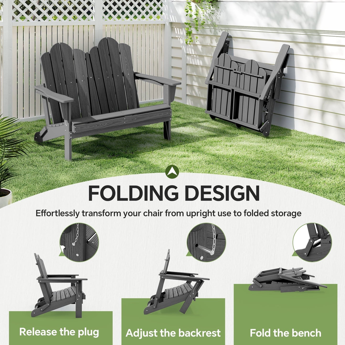 SERWALL Adirondack Bench, Outdoor Adirondack Chair for 2,HDPE All-Weather Adirondack Loveseat,Grey