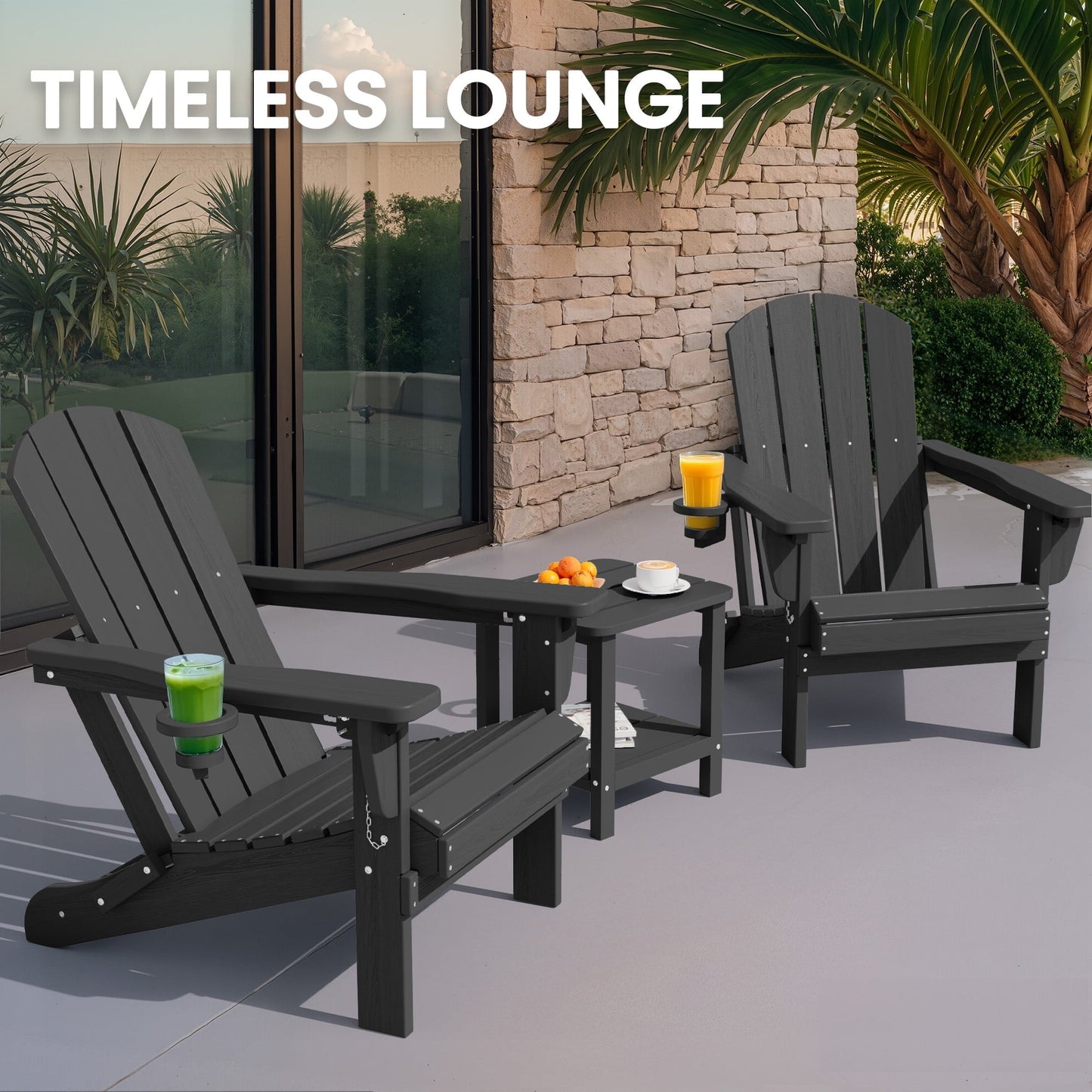 SERWALL 3PC Adjustable Folding Adirondack Chair set and Double Side Table, For Outdoor, Patio, Poolside, Garden, Black