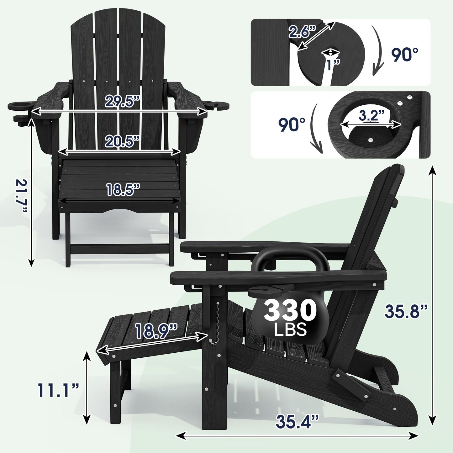 SERWALL Adjustable Folding Adirondack Chair with Footrest & Dual Cup Holders, HDPE Foldable Multifunctional Adirondack Chair with Ottoman for Patio, Outdoor, Garden, Black