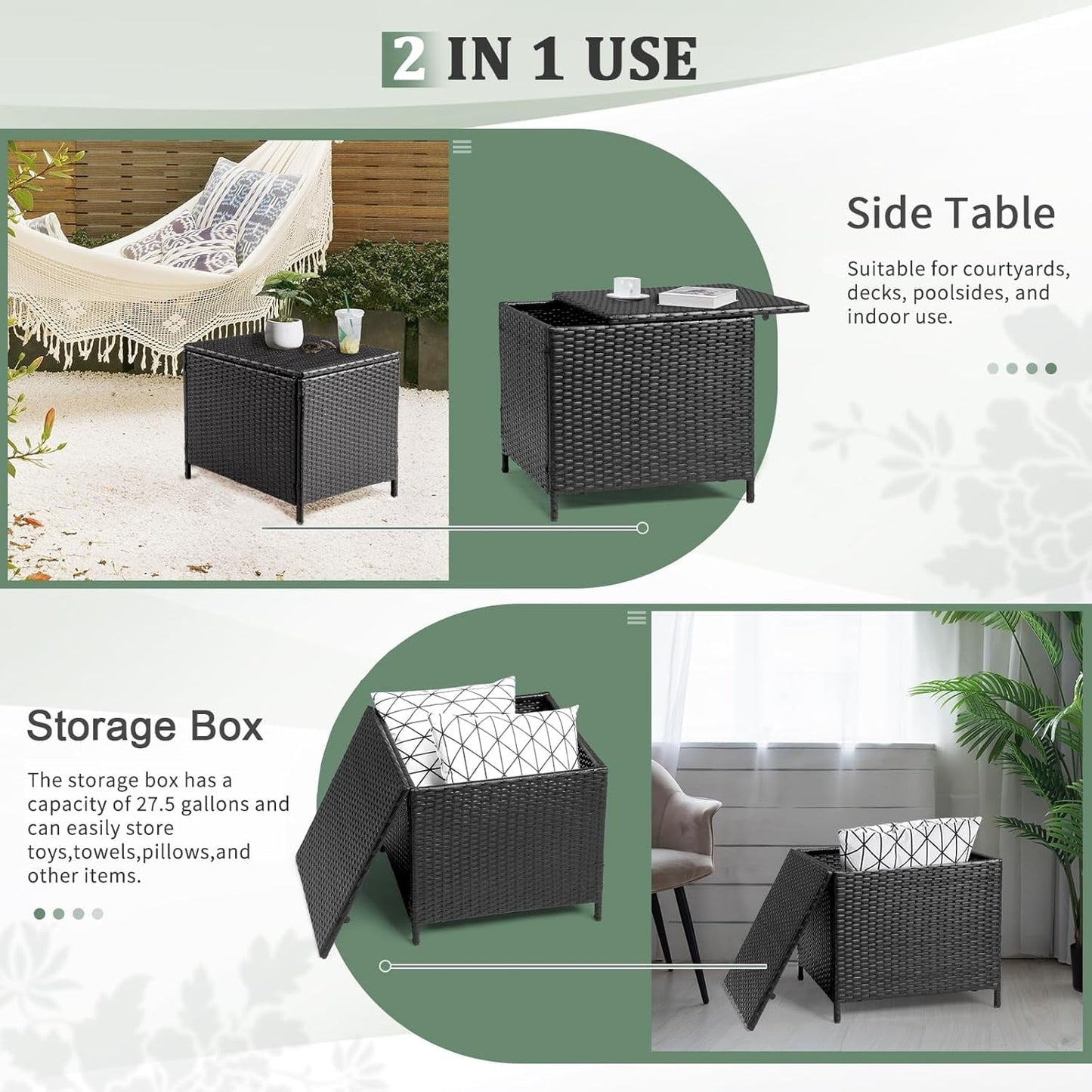 GaoJ Outdoor Side Table, Rattan Coffee Table with Storage 27 Gallon Patio Small Deck Storage Box for Cushion Towel Books, Brown Side Table with lid,Black