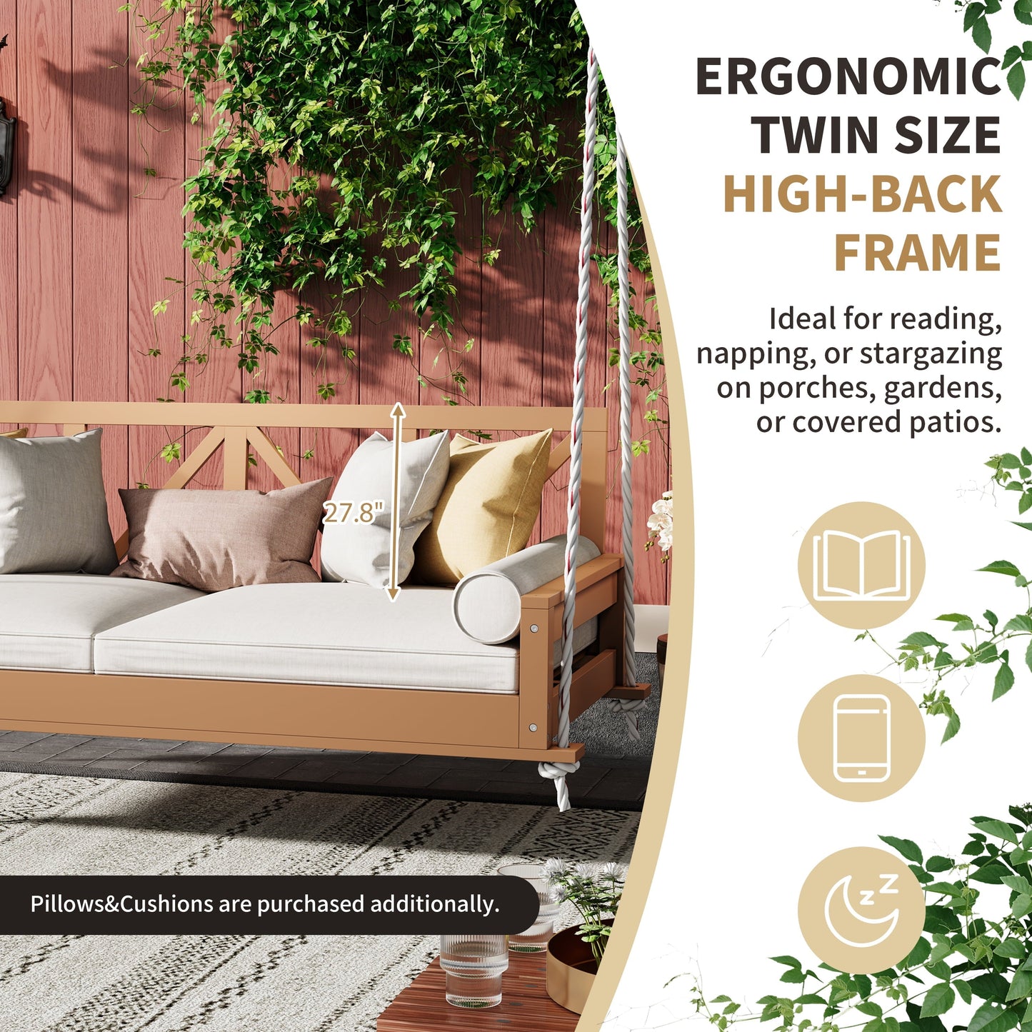 Euroco Acacia Wood Twin Size Porch Swing Bed with 27.8'' High Backrest, 16.4ft Hemp Ropes, Weather-Resistant Outdoor Hanging Daybed for Patio/Garden/Porch – 350 lbs Capacity (Mattress Not Included)