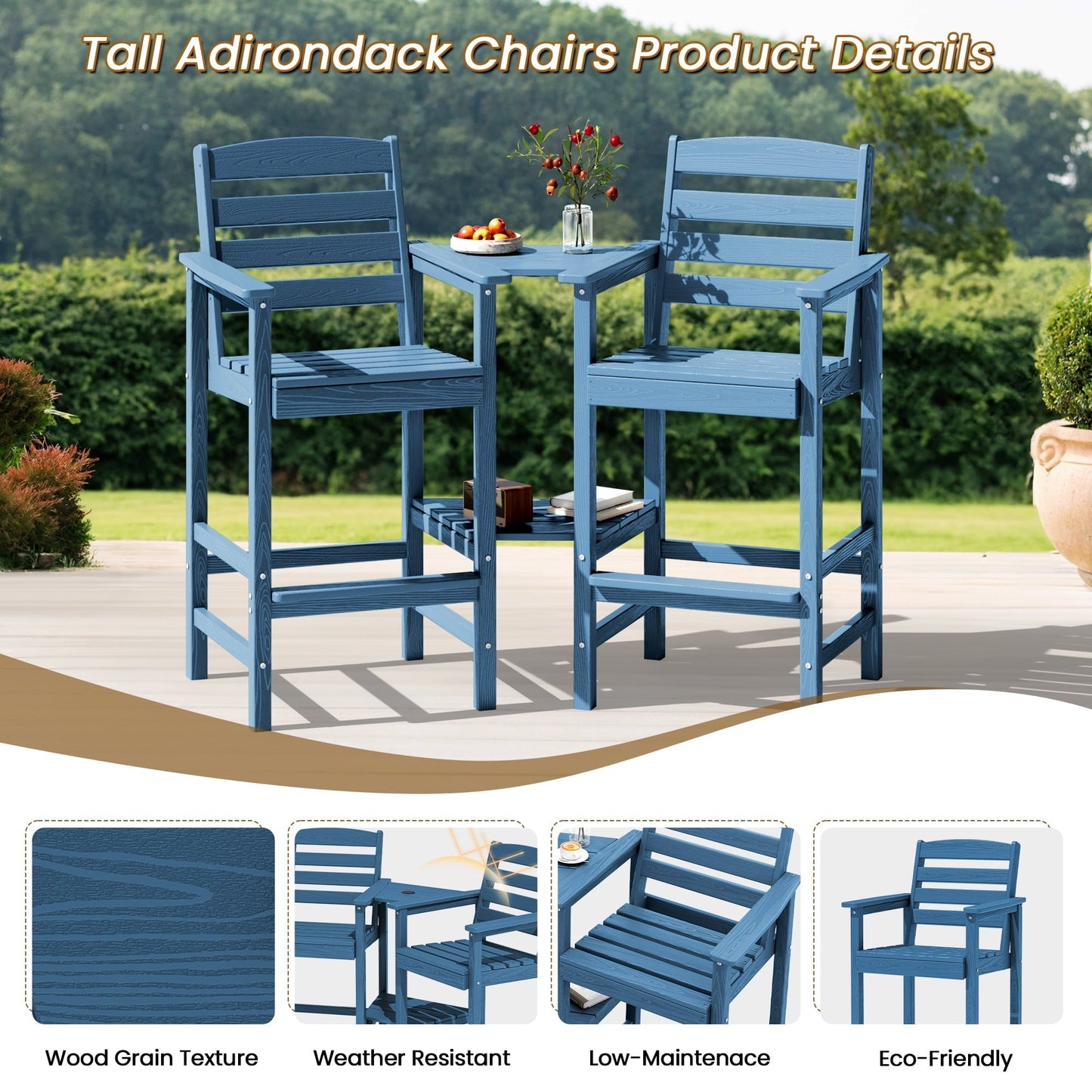SERWALL Tall Adirondack Chairs Set of 2 with Connecting Table, Adirondack Outdoor Barstools, Navy