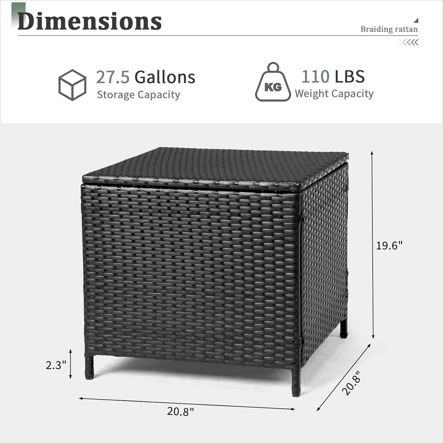 GaoJ Outdoor Side Table, Rattan Coffee Table with Storage 27 Gallon Patio Small Deck Storage Box for Cushion Towel Books, Brown Side Table with lid,Black