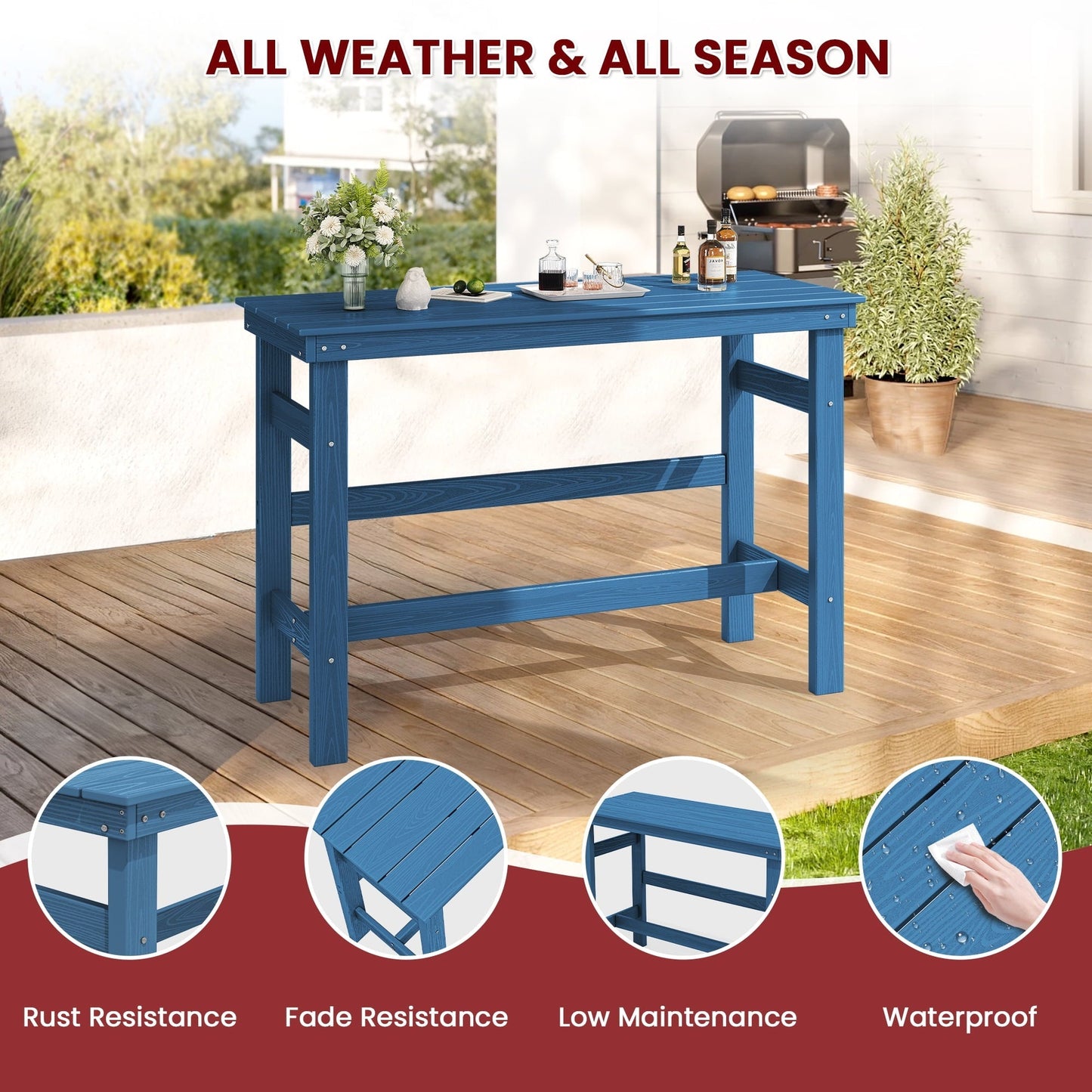 SERWALL 41" Outdoor Bar Table, HDPE All Weather Adirondack Outdoor Bar Height Table, Navy