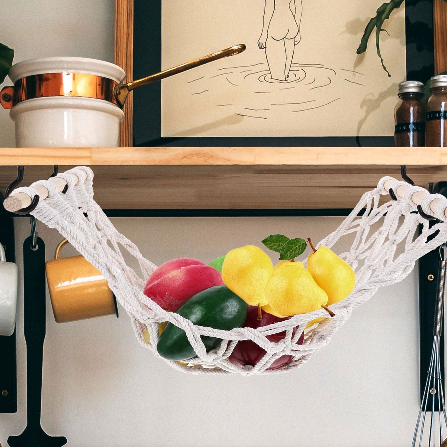 WEAVILUX 1Set Fruit Hammock for Garden and Kitchen Use with Cotton Rope and Wood Material