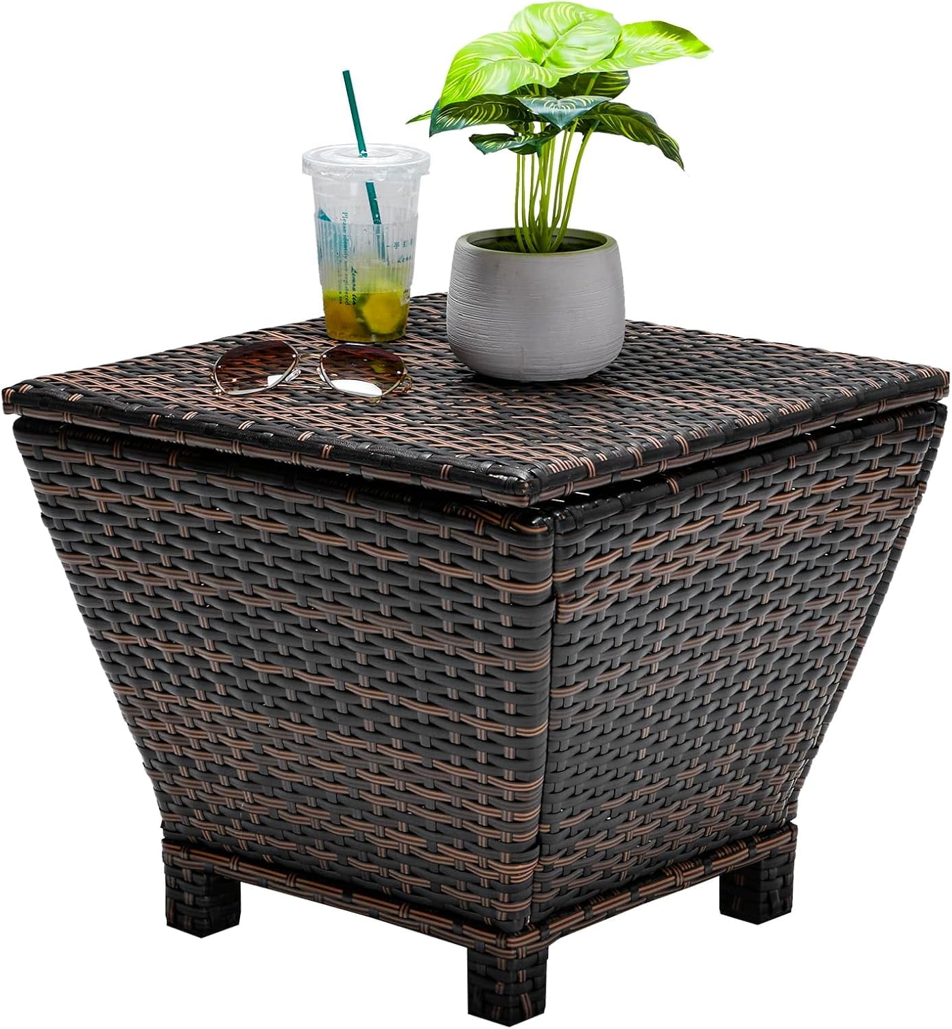 ETHFRF Outdoor Side Table with Storage, 27-Gallon Patio Deck Box Outdoor Wicker Side Table for Poolside Balcony Storage Table (Brown, Square),Brown