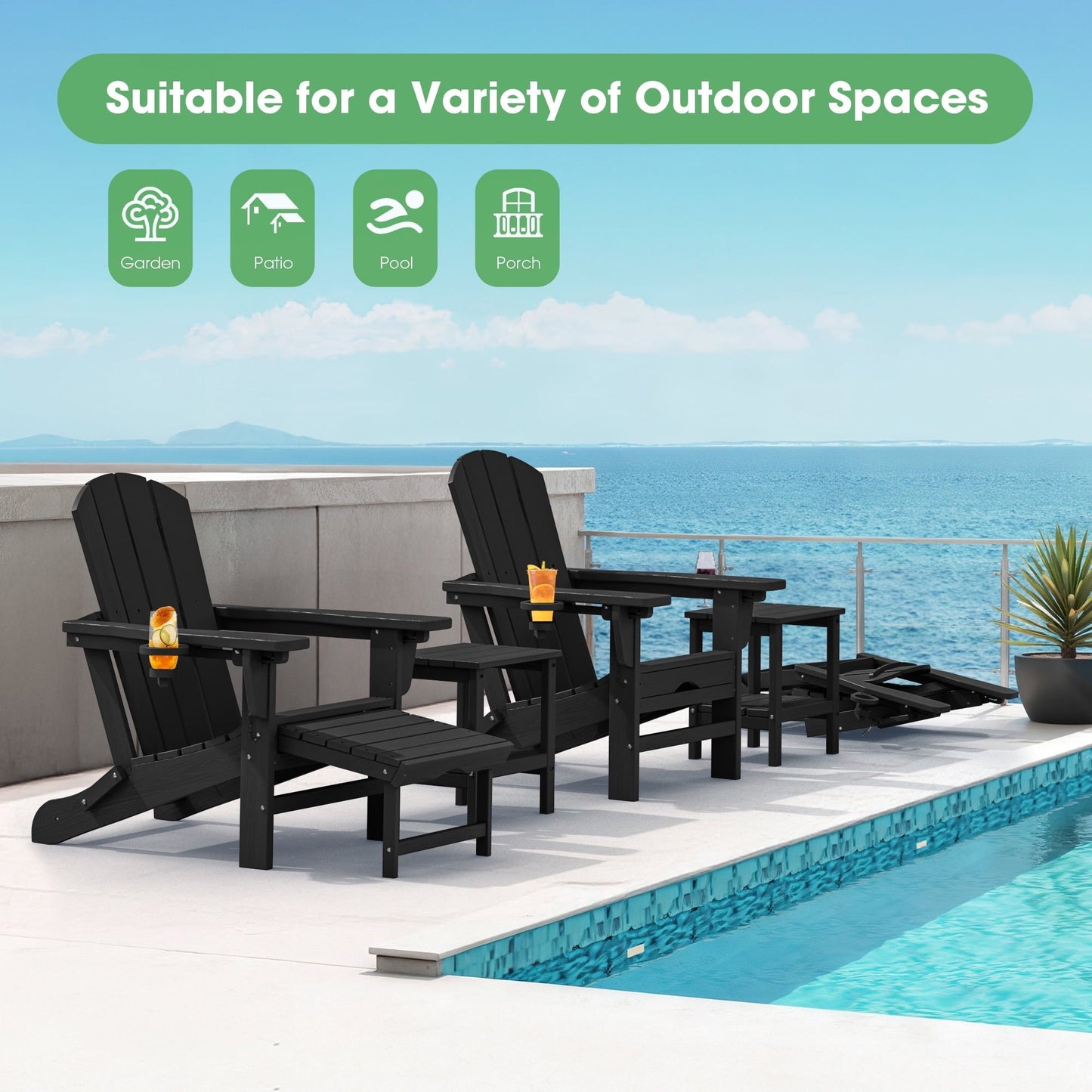 SERWALL Adjustable Folding Adirondack Chair with Footrest & Dual Cup Holders, HDPE Foldable Multifunctional Adirondack Chair with Ottoman for Patio, Outdoor, Garden, Black