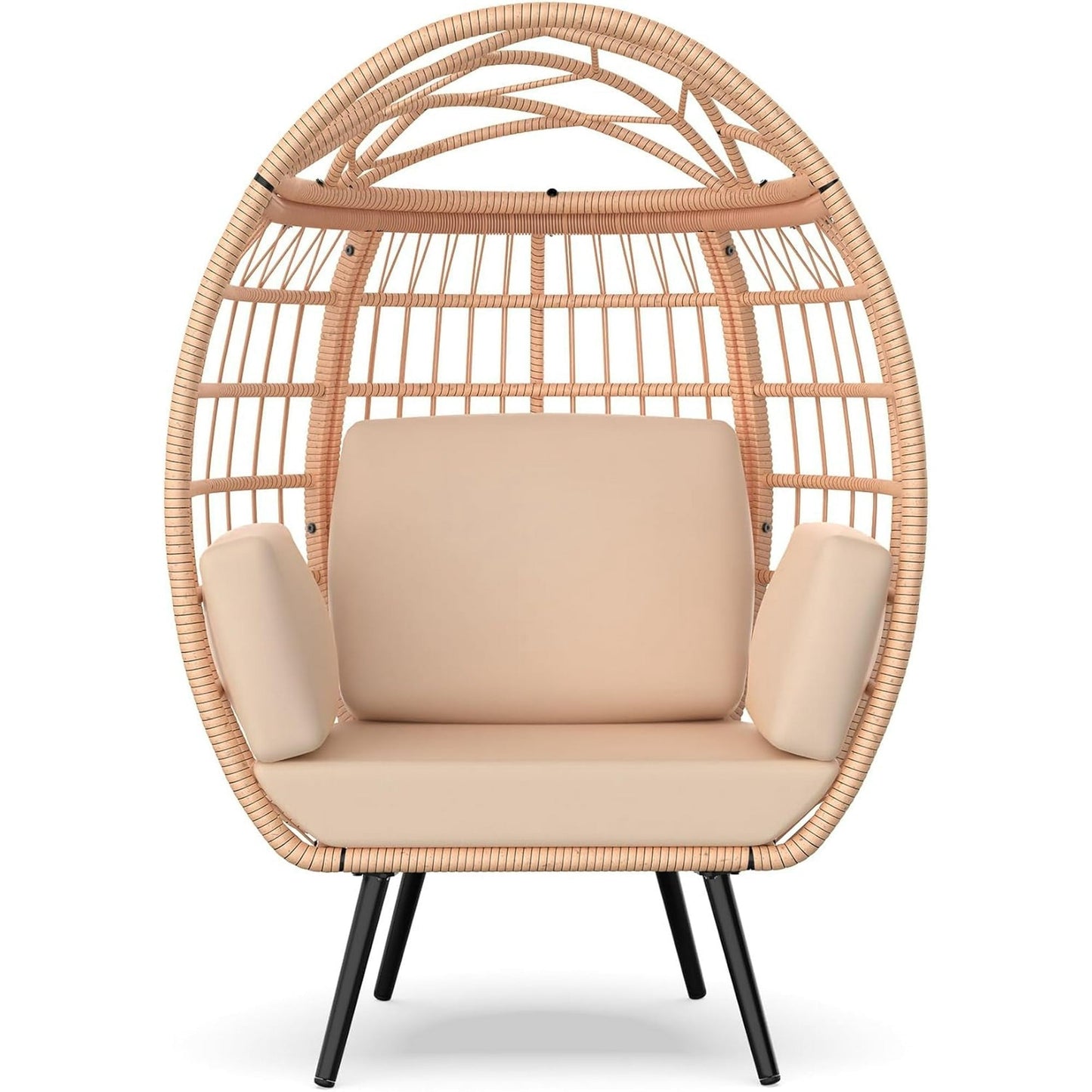 PNKKODW Wicker Standing Egg Chair w/ UV Cushions & Storage Bag, 370lb Capacity, Boho Egg Lounger for Indoor/Outdoor, Brown-Brown